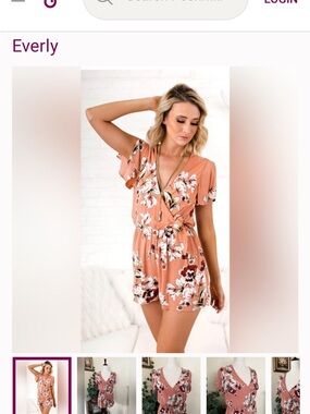 Everly Peach Floral Tie-Waist Romper with V-Neck